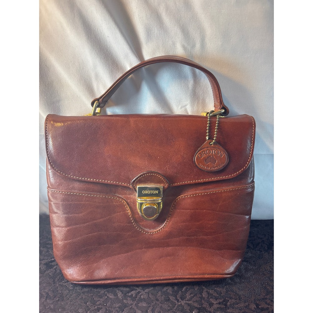 Oroton Vintage Brown Leather Top Handle Satchel Bag Made in Australia Cognac